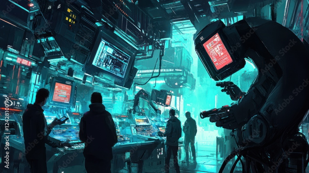 Poster Futuristic Control Room Technicians Monitor Systems With Advanced Robot