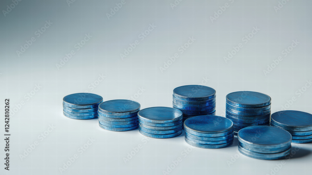 Poster blue coins arranged in stacks on light background, creating visually appealing financial concept. va