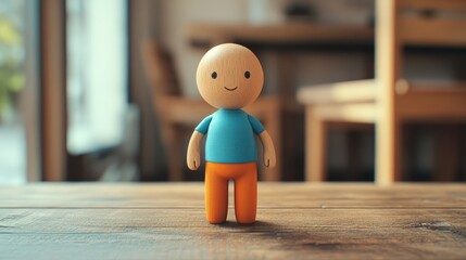 Happy Wooden Figurine Stands on Wooden Table