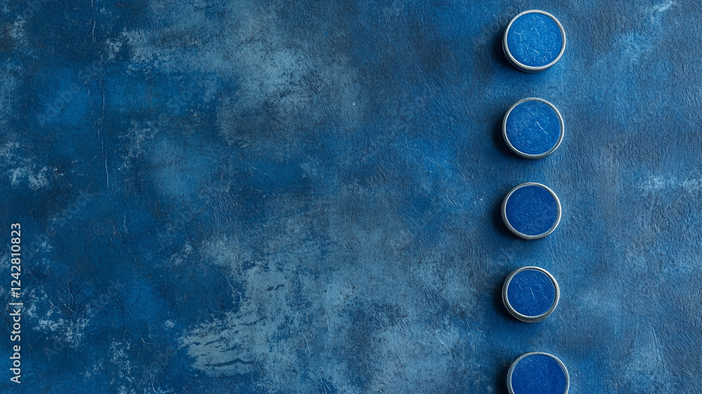 Poster blue coins arranged in line on textured blue background, creating visually appealing contrast. image