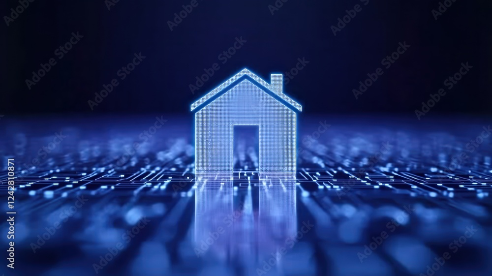 Poster cybersecurity infrastructure concepts. futuristic digital house on a glowing grid background.