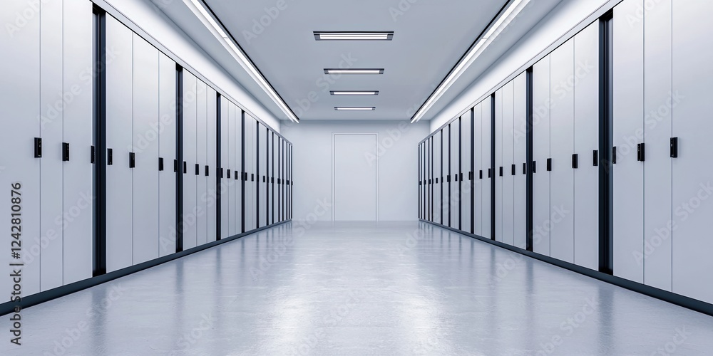 Poster cybersecurity infrastructure concepts. empty hallway with storage compartments on either side.