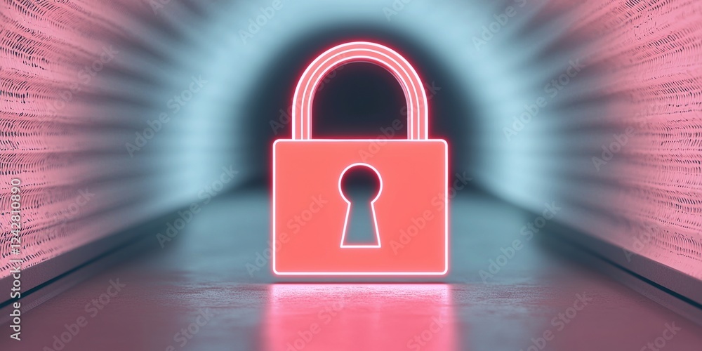 Poster cybersecurity infrastructure concepts. neon padlock glowing in a tunnel with vibrant colors.