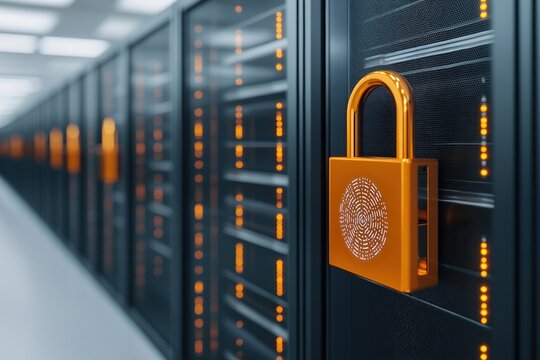 Cybersecurity Infrastructure Concepts. Secured server room with a prominent orange padlock.