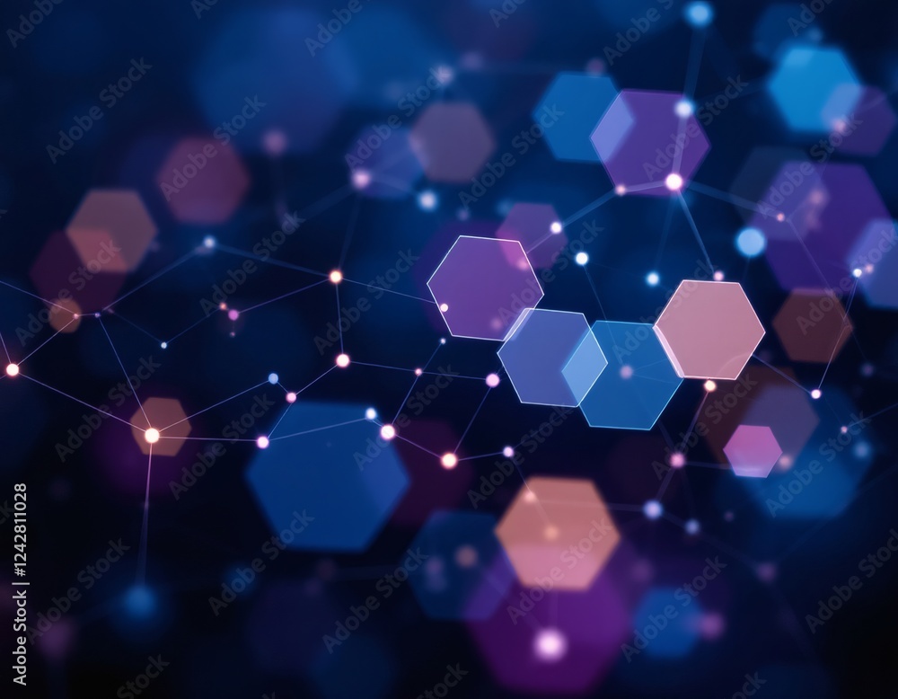 Poster ai image blurred hexagons connected by lines on a dark background, suggesting networks, science, and