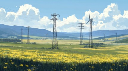 Electric Towers and Wind Turbines in a Blooming Meadow