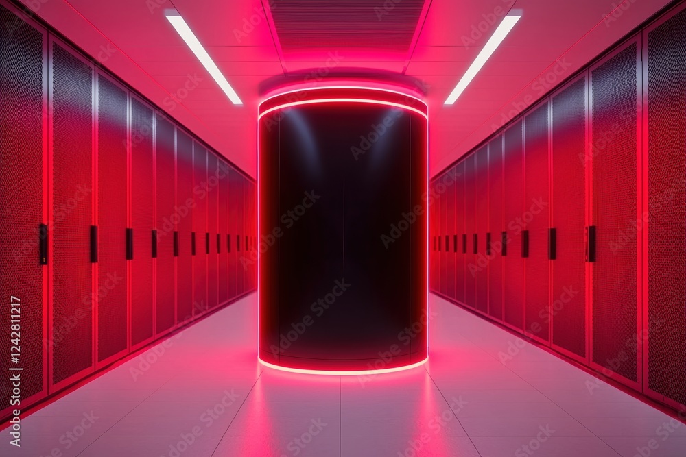 Poster cybersecurity infrastructure concepts. futuristic data center corridor with glowing red accents.