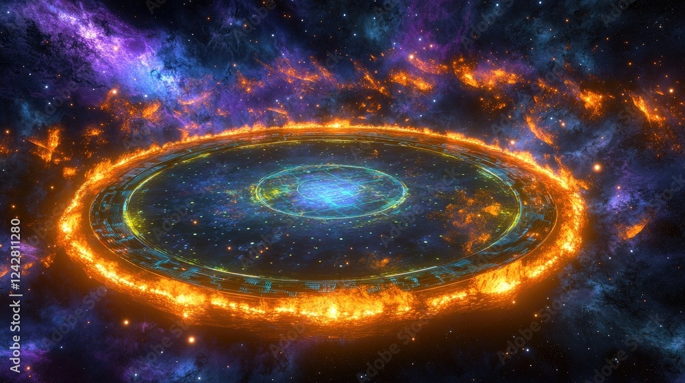 Poster fiery cosmic disk encircles a glowing technological interface