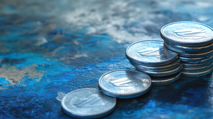 Stacked silver coins on blue textured background create striking visual. arrangement of coins suggests growth and financial success, evoking sense of prosperity
