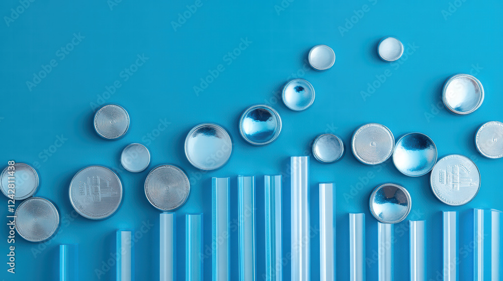 Poster creative fusion of blue and silver coins arranged with fluctuating lines, creating modern and dynami