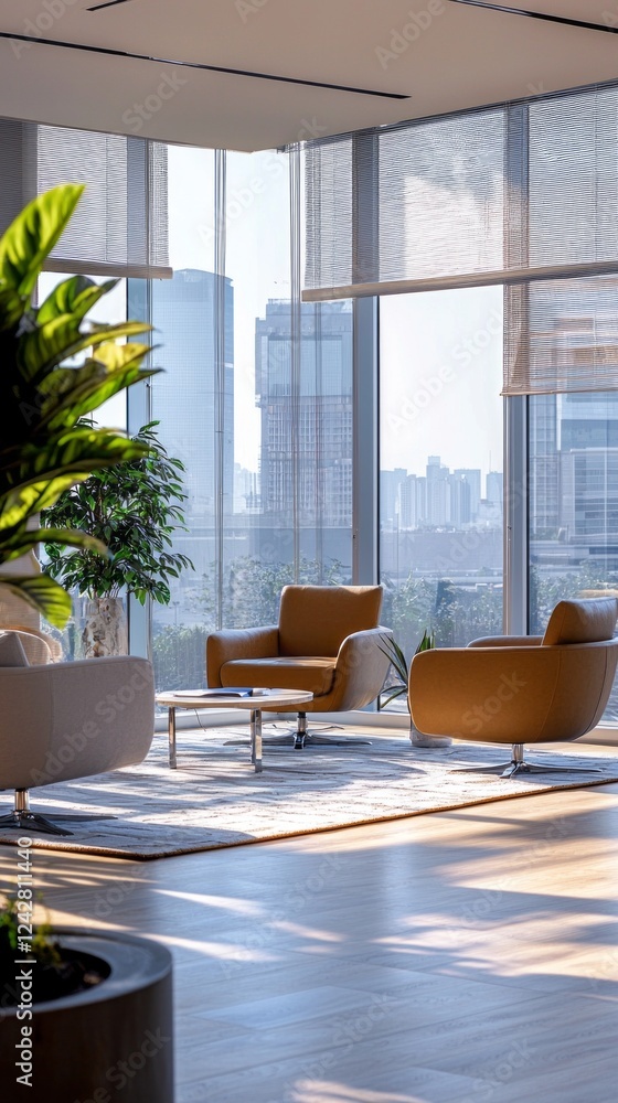 Poster spacious lounge area features elegant furniture and large windows, showcasing a vibrant urban skylin
