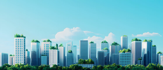 Obraz premium Modern City Skyline with Green Rooftops and Clear Blue Skies