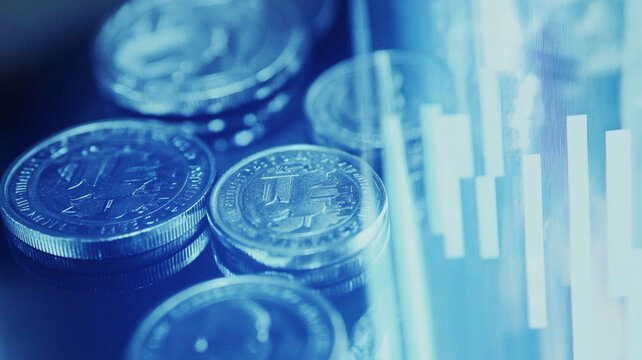 Double exposure of blue silver coins and bar chart, symbolizing financial growth and investment trends. image captures essence of currency and market analysis
