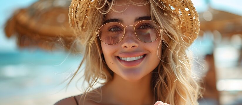 portrait of beautiful smiling blonde woman with sunglasses on the beach