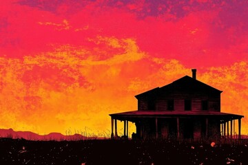 Fiery Sunset Over a Rural Farmhouse Silhouette