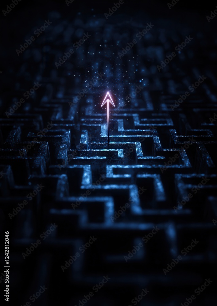 Poster dark and eerie scene with a maze-like pattern in the center. the maze is made up of small squares an