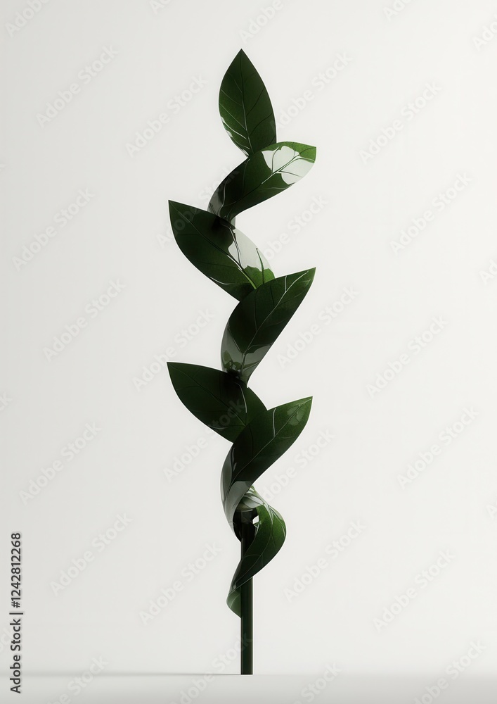 Poster photograph of a single green leaf sculpture on a white background. the sculpture is made up of multi
