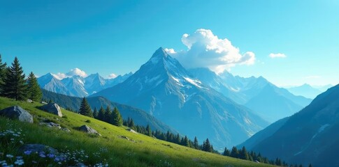 Mountain range with a solitary cloud drifting lazily across the cerulean sky, peaceful, wilderness