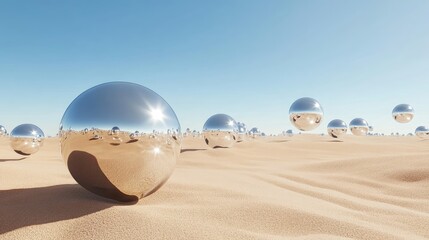 Chrome spheres scattered across a sandy desert landscape