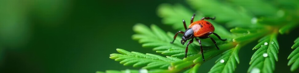 Fototapeta premium Ixodes persulcatus on a fir leaf with dew droplets, arachnid, tick