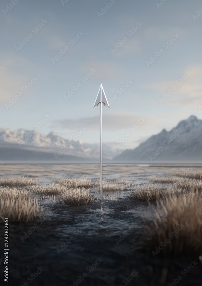 Poster single white arrow pointing upwards in the middle of a vast landscape. the arrow is standing in the 