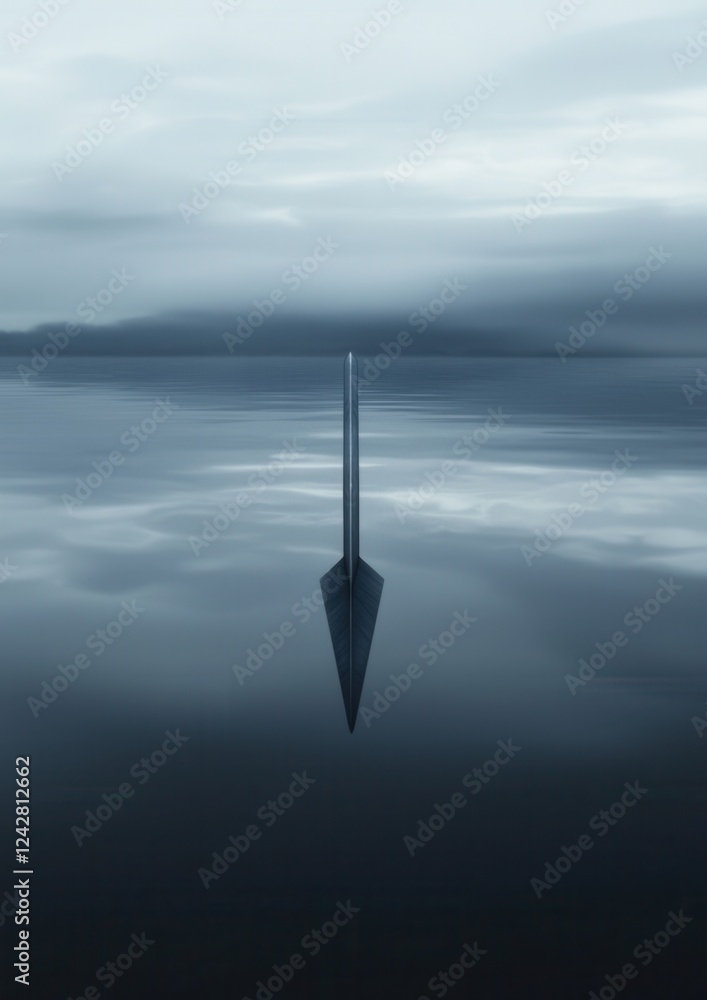 Poster digital art piece that appears to be a photograph of a long, pointed object floating in the middle o