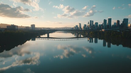 Fototapeta premium Serene riverside view at sunset, calm water reflecting city skyline, peaceful ambiance perfect for relaxation or inspiration.