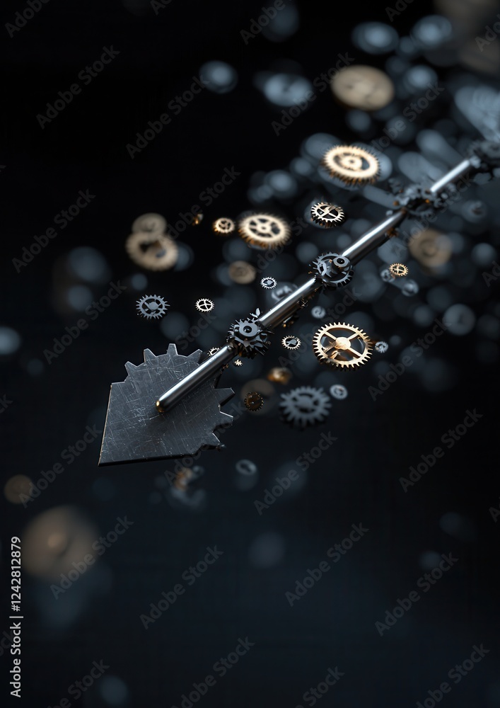 Poster close-up of a black background with a few small white and gold gears scattered around. in the center