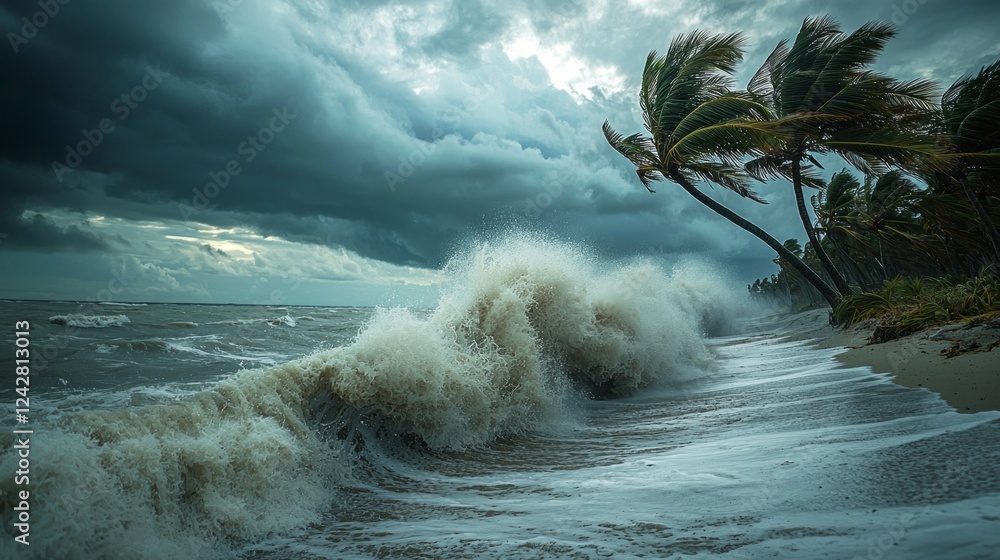 Poster turbulent waves collide with the sandy beach as gusts of wind sway tall palm trees. a dramatic sky l