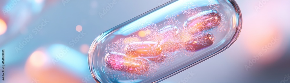 Poster a two-tone capsule features a transparent section that reveals swirling colorful energy and tiny glo