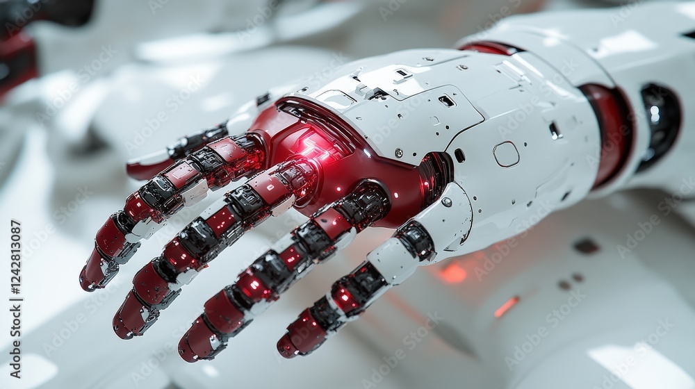 Poster close-up of a futuristic robotic hand with intricate mechanics and glowing elements, showcasing adva