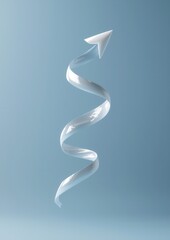 3d rendering of a white spiral-like object in the shape of an arrow. the object appears to be made of a thin, curved material and is floating in the air against a light blue background.