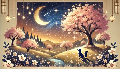 Naklejka premium A picturesque spring night scene featuring a majestic cherry blossom tree illuminated by golden and navy moonlight, designed with a storybook-like charm and fantasy-inspired details