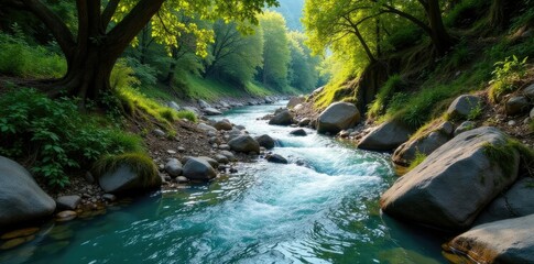 El ruido del arroyo se mantiene constante mientras el agua fluye constantemente por un camino de piedra, arroyo, piedras