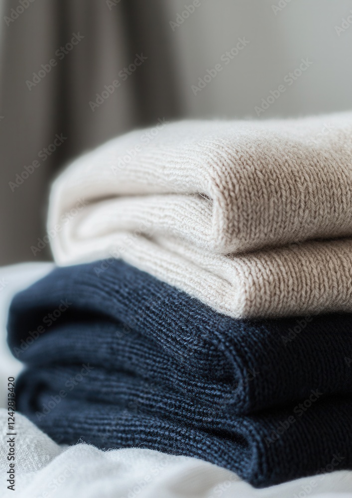Poster stack of folded towels on a bed. the towels are neatly folded and stacked on top of each other. the 