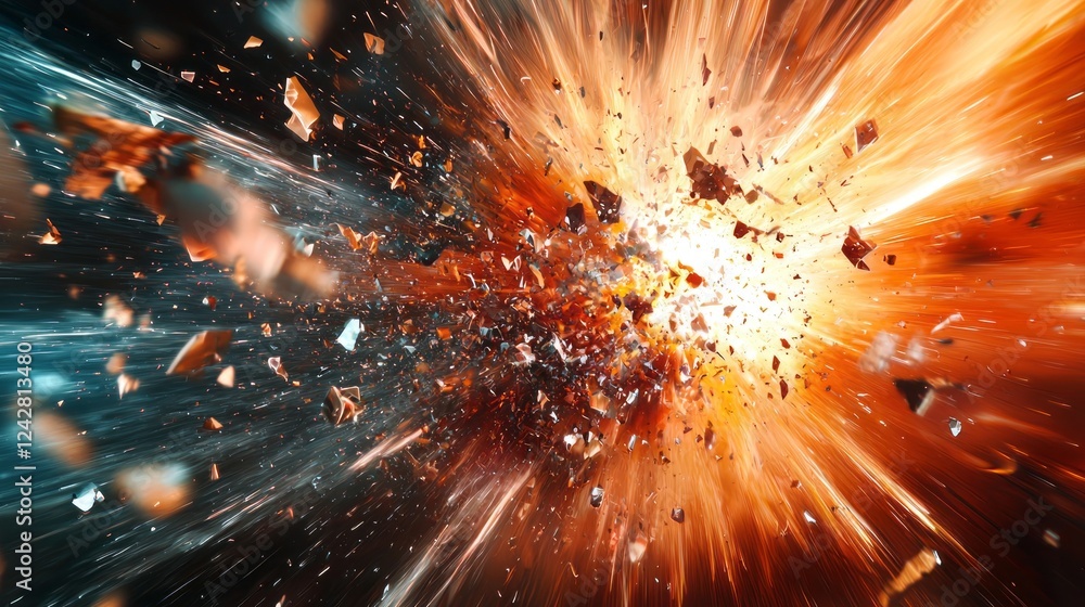 Poster in a breathtaking moment of cosmic energy, vibrant colors burst forth as particles scatter in a magn