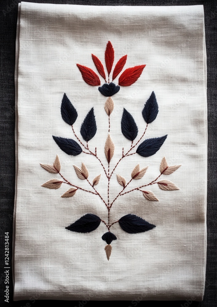 Poster close-up of a white fabric with an embroidered design on it. the design is in the shape of a tree br