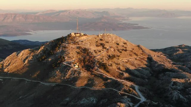 Mount Pantokrator Corfu top mountain summit Greece aerial 4k video. Peak communications technology station.