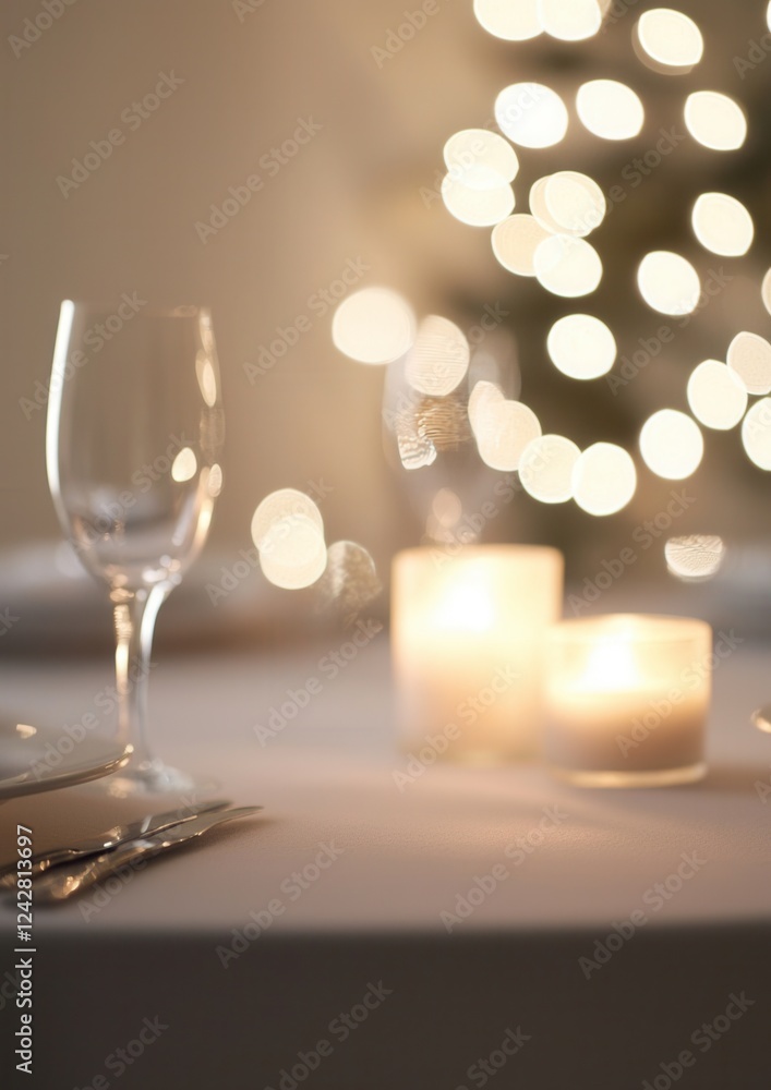 Poster close-up of a table setting with a white tablecloth. on the left side of the table, there is a wine 