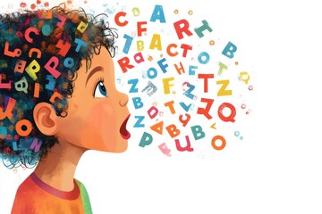 Colorful letters emerging from the mouth of a speaking child, illustrating concepts of speech therapy, language development, and communication