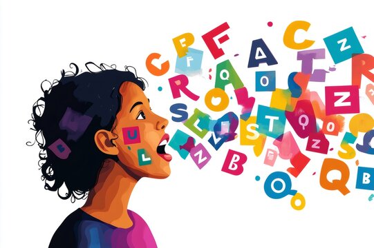 Colorful letters coming out of a young girl's mouth, symbolizing speech therapy, language development, and communication