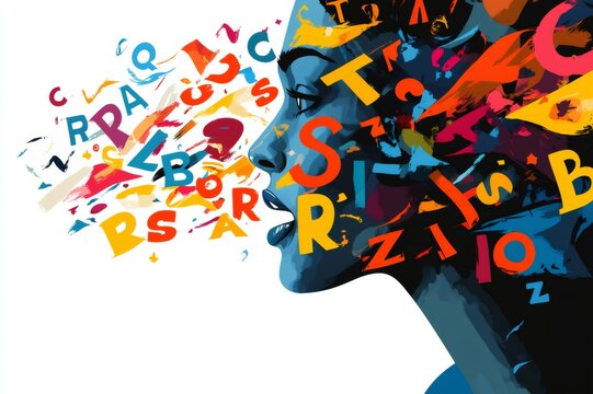 Woman speaking, colorful letter symbols flowing from mouth, visualizing communication skills, language development, and speech therapy concept