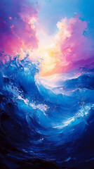 Blue ocean waves with sun and clouds. Abstract background.