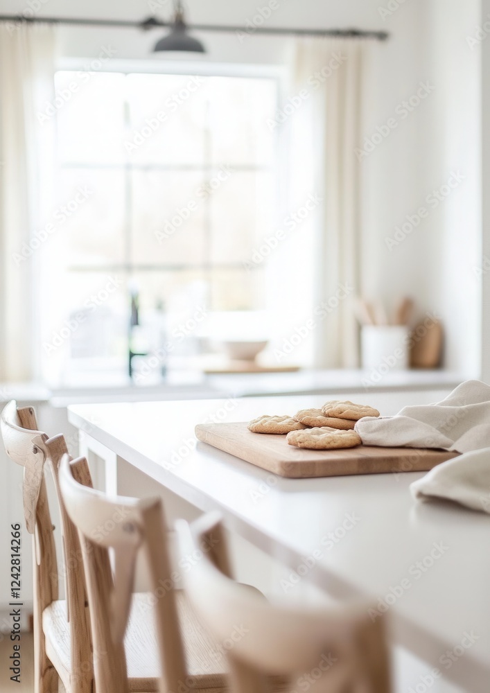 Poster modern kitchen with a white countertop and a large window with white curtains. the window is open an