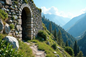 Obraz premium Ancient stone wall crumbling in the wilderness, weathered, mountain