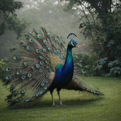 Obraz premium A peacock spreading its feathers in a misty morning garden.