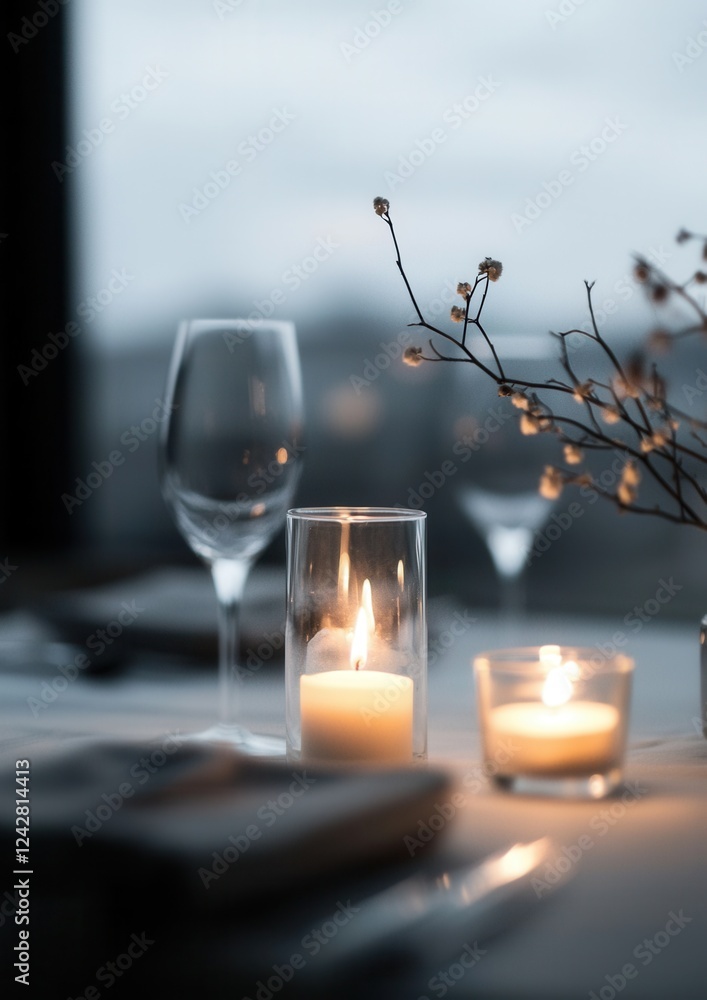 Poster close-up of a table setting with two lit candles and a wine glass. the table is covered with a white