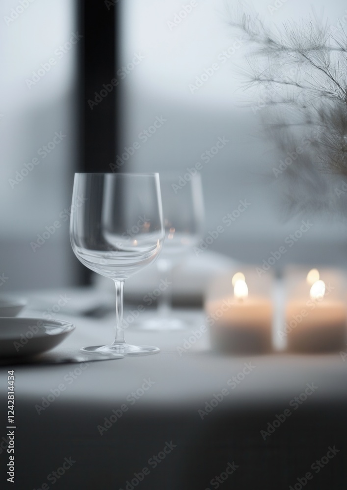 Poster close-up of a table setting with two empty wine glasses and two lit candles. the table is covered wi