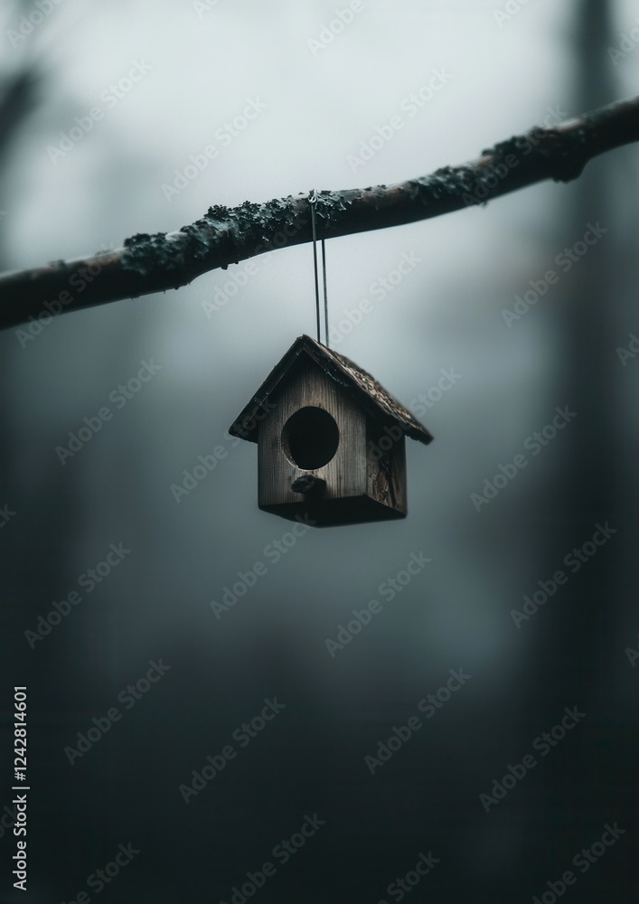 Poster small birdhouse hanging from a thin branch. the birdhouse is made of wood and has a triangular shape
