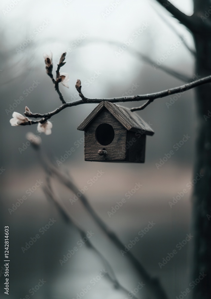Poster small wooden birdhouse hanging from a tree branch. the birdhouse is rectangular in shape with a poin